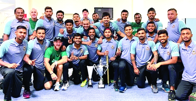 Members of Bangladesh T20 Cricket team pose for a photo session in Dhaka on Wednesday.