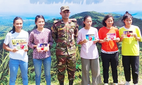 The five members of Bangladesh Women's Football team with Deputy Chief of Ghagra Army Zone Major Ashiqur Rahman pose for a photo session at Ghagra Army Camp in Rangamati district on Thursday.